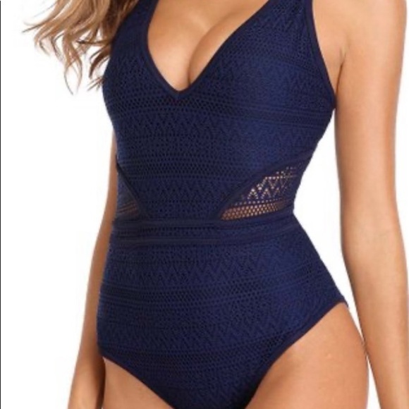 Navy Mesh-Side V-Neck One-Piece - Women’s Swim Suit - Picture 2 of 5